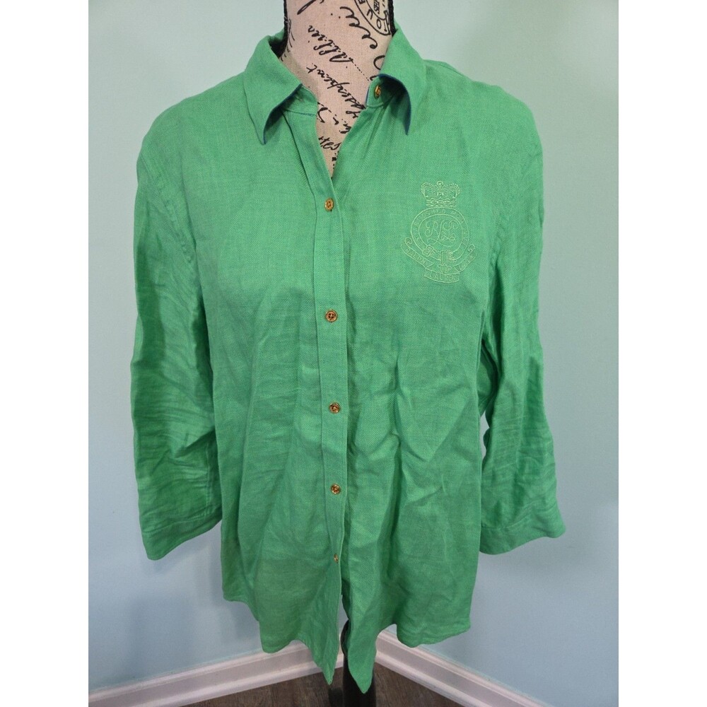 Lauren ralph lauren green linen button up blouse women's large preppy crest logo